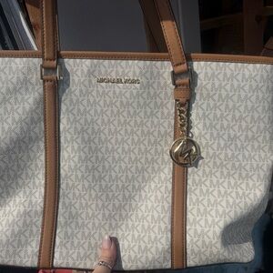 Michael Kors Cream Signature Tote with Tan Trim and Gold Hardware